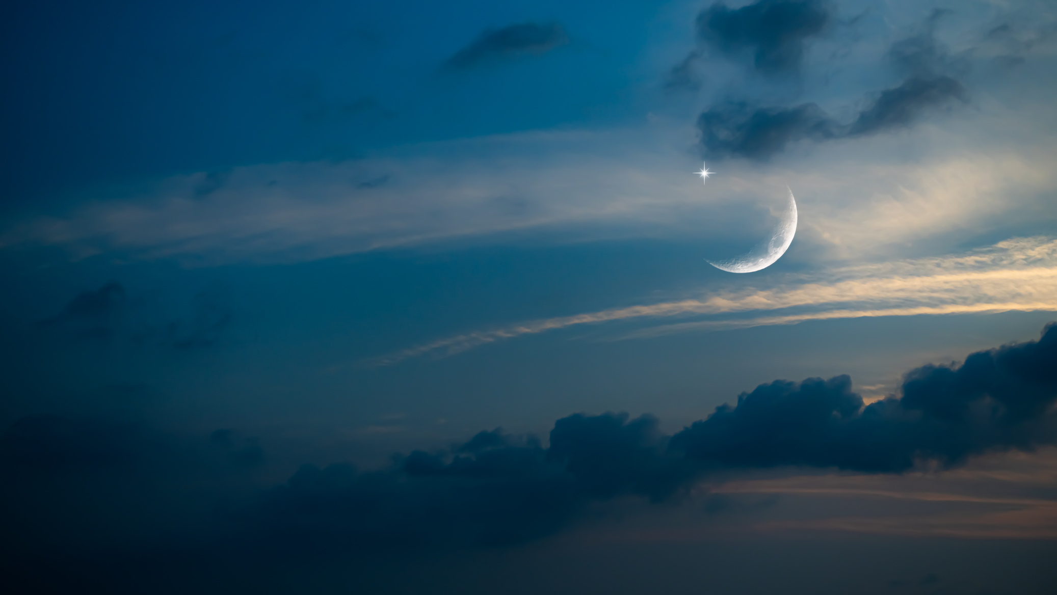 Eid Al Adha,Eid Al Fifr Adha Mubrak Arabic Background Concept,Crescent Moon with Star on Dark Night Sky Dusk Nature Landscape,Symbols Moonlight Muslim Islamic New Year Muharram Religion.